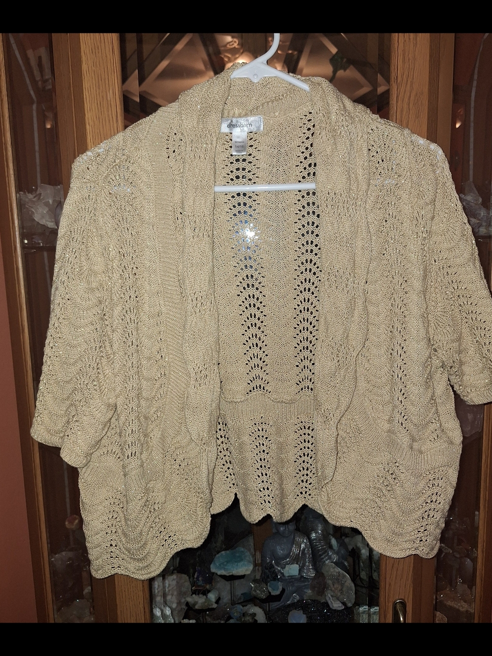 Womens Dressbarn Cream Open-Front Crochet Knit Cardigan Sz L